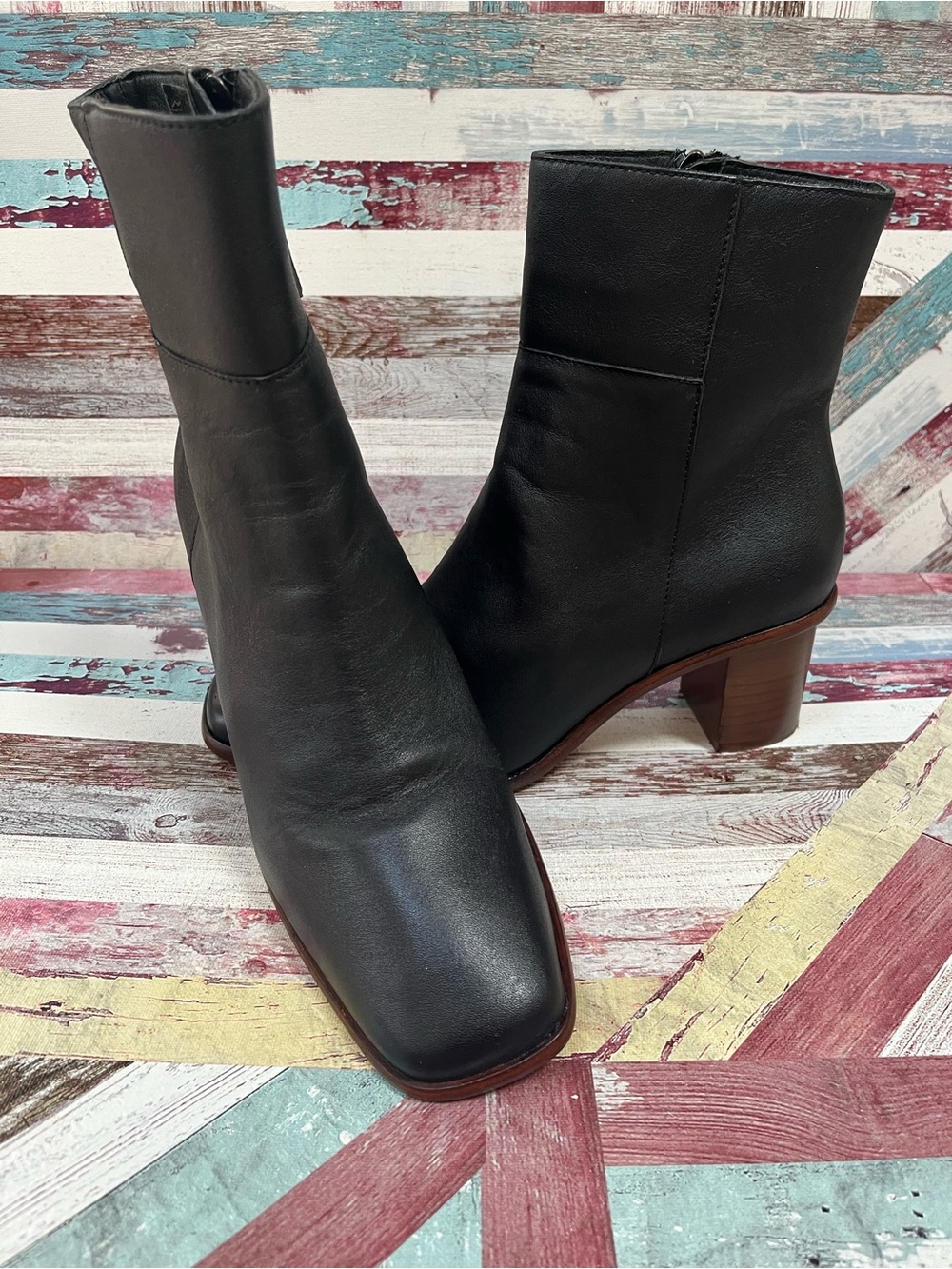 Portland Leather Patina Vero Boots Square Toe Women’s Black Inside Zip EUC SZ 9